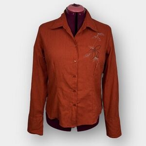 Point Zero Women's Crinkle Button Front Shirt XL Rust Floral Embroidery